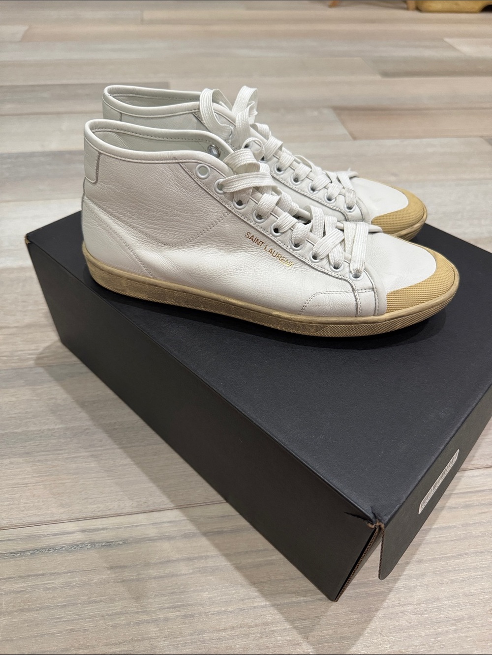 Saint Laurent: White Leather High-Top Sneakers with Tan Accents Size 39